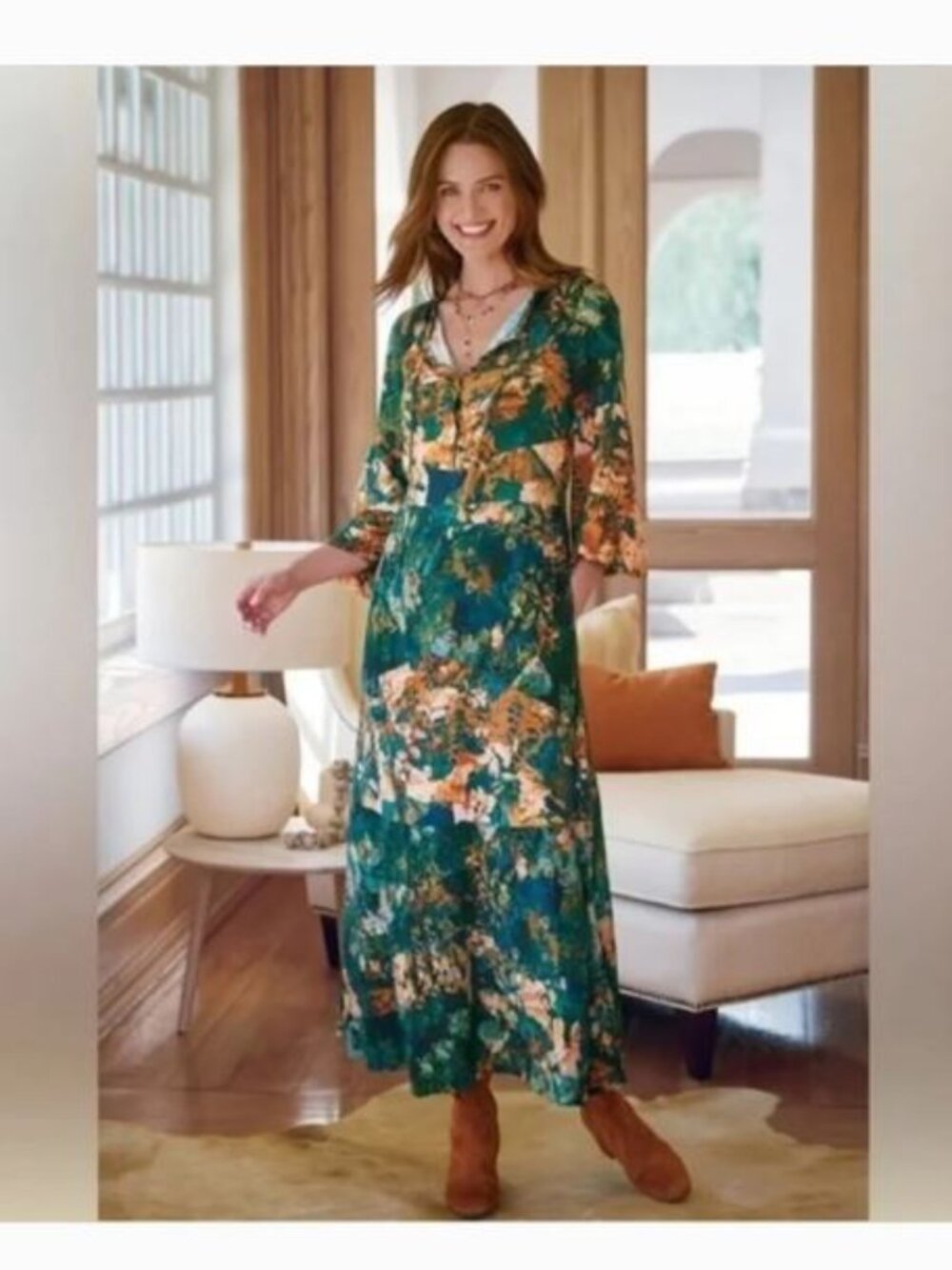 NWT Soft Surroundings Dakota Maxi Dress XL Green Brown Floral Abstract Boho Art